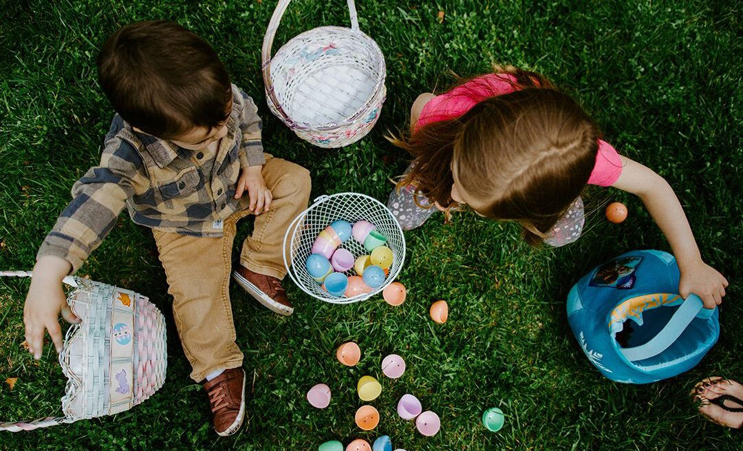 Kinder die mit Körben auf dem Rasen sitzen
