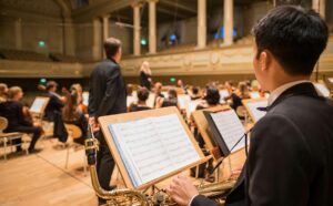 Mann der ein Instrument hält und auf einen Notenständer schaut
